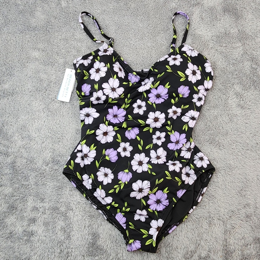 Beach Betty Swimsuit Womens Large Black Floral One Piece 675951 Belted‎ Swimwear
